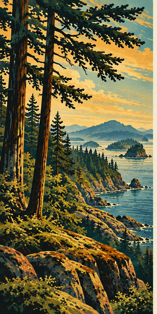 Vintage Vancouver Island coastal forest illustration