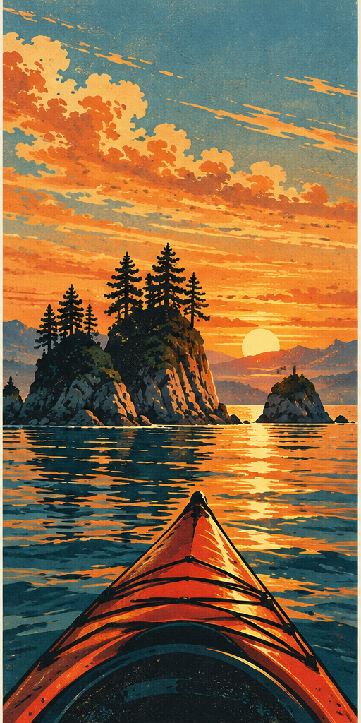 Vintage sea kayak sunset illustration