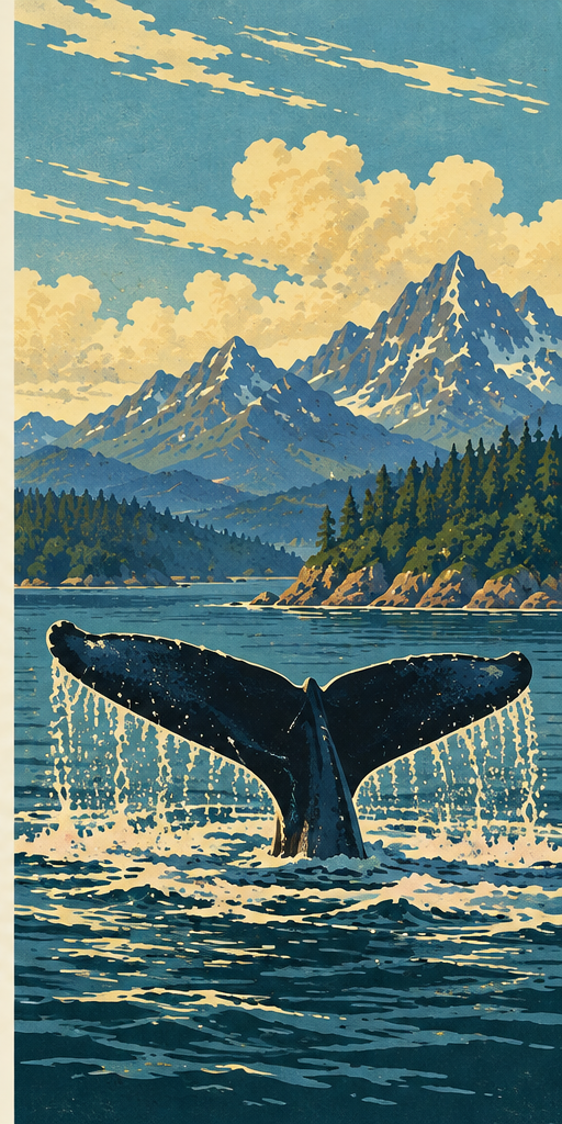 Vintage whale and Vancouver Island mountains illustration